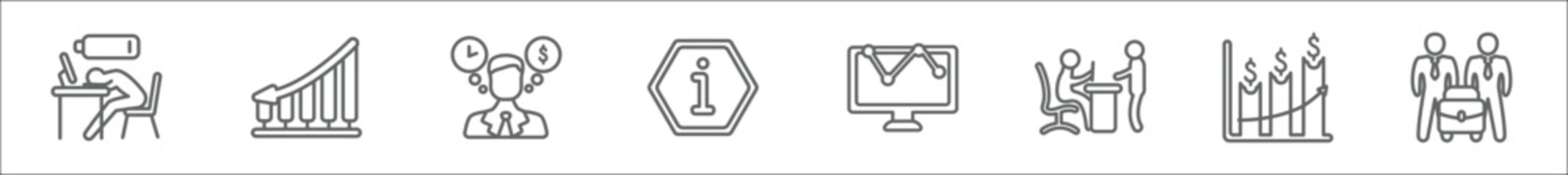 outline set of business line icons. linear vector icons such as sleepy worker at work, decreasing stocks bars graphic, worker money time, information, stock dealing, boss reading a document, dollar