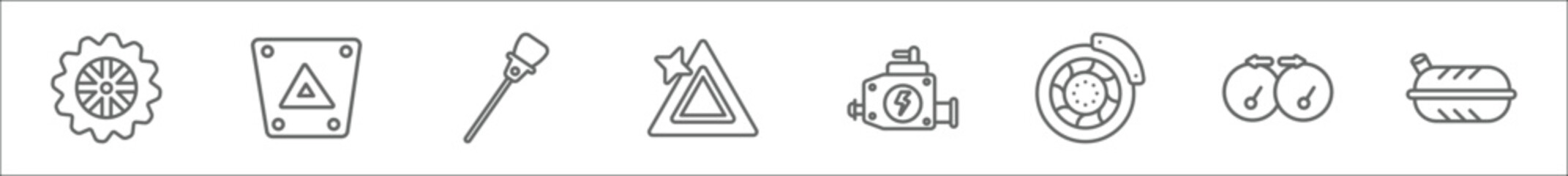 outline set of car parts line icons. linear vector icons such as car sprocket, car hazard lights, dipstick, parking light, carburettor, disc brake, indicator, petrol tank