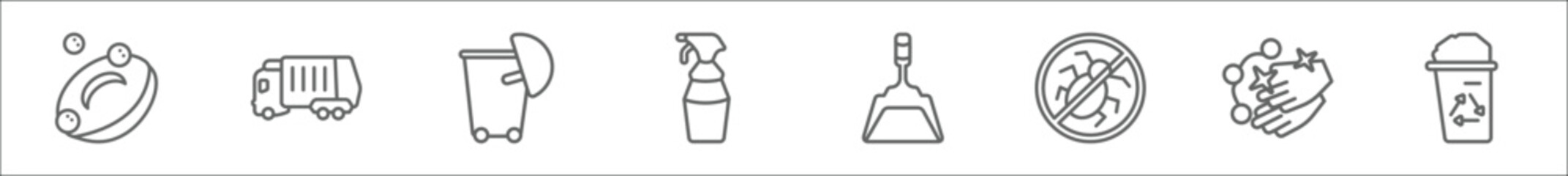 outline set of cleaning line icons. linear vector icons such as soap, garbage truck cleanin, wiping trash container, glass cleaner, dustpan, virus cleanin, hand wash, wiping trash - obrazy, fototapety, plakaty