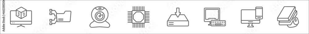 Poster outline set of computer line icons. linear vector icons such as 3d screen, connected folder data, we