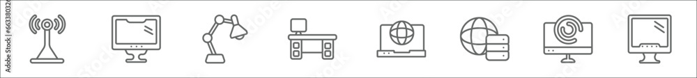 Poster outline set of computer line icons. linear vector icons such as wireless internet connection, comput