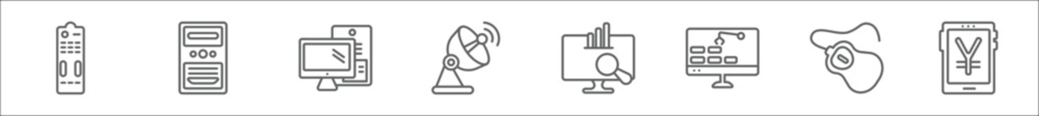 outline set of computer line icons. linear vector icons such as tv controller, pc tower, pc with monitor, parabolic dish and, data analyser, industrial, device, yen currency on tablet screen - obrazy, fototapety, plakaty