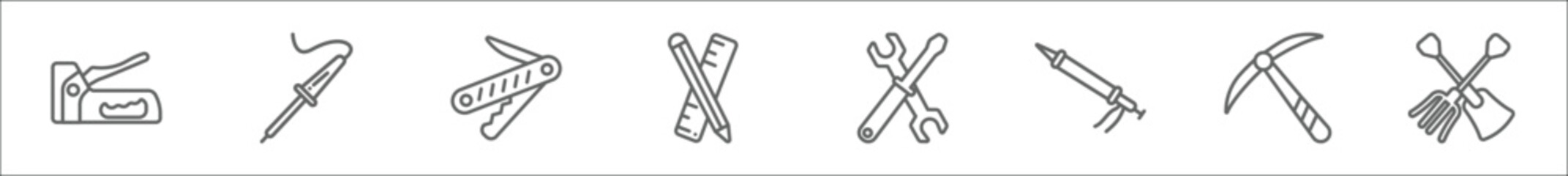 outline set of construction and tools line icons. linear vector icons such as staple gun, solder, jackknife, pencil and ruler, improvement, sealant gun, pickaxe, shovel and fork