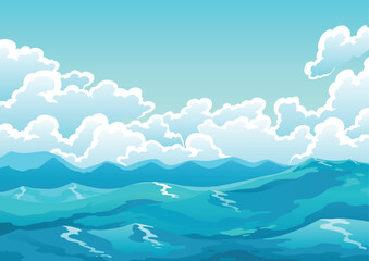 Ocean surface or landscape. Water waves, blue sky and white clouds graphics, cartoon seascape or waterscape. Vector illustration of harsh ocean © designer_things