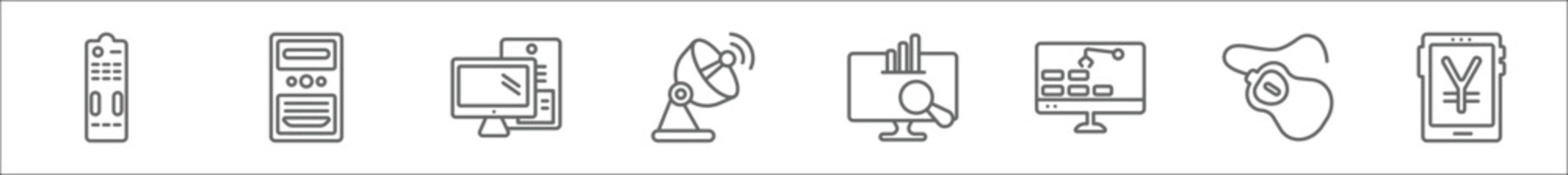 outline set of computer line icons. linear vector icons such as tv controller, pc tower, pc with monitor, parabolic dish and, data analyser, industrial, device, yen currency on tablet screen