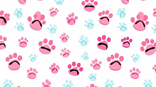  A Pattern Of Pink And Blue Paw Prints On A White Background.  Generative Ai