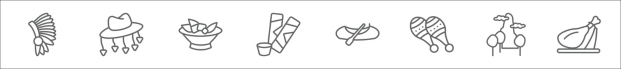 outline set of culture line icons. linear vector icons such as indian headdress, cork hat, gazpacho, spring rolls, native american canoe, maracas couple, pico cao, jamon serrano