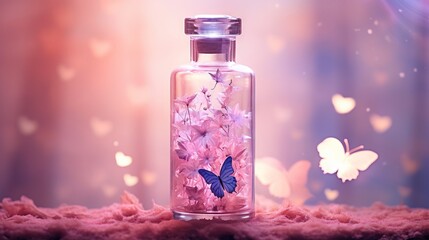 Obraz na płótnie Canvas a glass bottle filled with pink flowers and a blue butterfly. generative ai