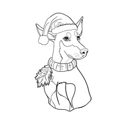 Vector Doberman. Dog shit in winter clothes. A dog in a hat. Print, logo, icon isolated on a white background