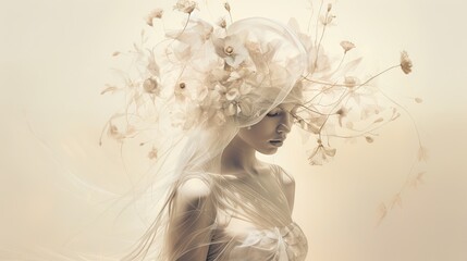  a woman with a veil and flowers on her head is shown.  generative ai