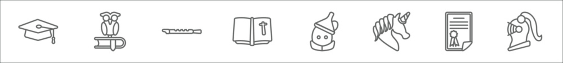 outline set of literature line icons. linear vector icons such as mortarboard, owl, flute, religion, wizard of oz, unicorn, thesis, knight
