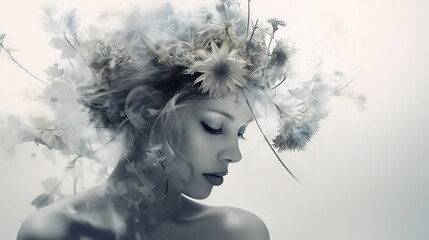  a woman with a flower in her hair and feathers on her head.  generative ai