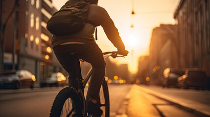 a young american man riding a bicycle on a road in a city street, a man riding a bicycle on a city street during sunset - obrazy, fototapety, plakaty