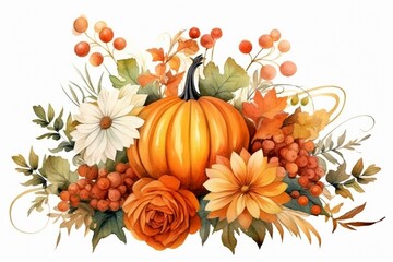 Obraz na płótnie Canvas Watercolor illustration of festive autumn pumpkin arrangement with floral elements. Generative AI