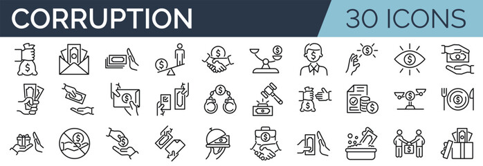 Set of 30 outline icons related to corruption. Linear icon collection. Editable stroke. Vector illustration