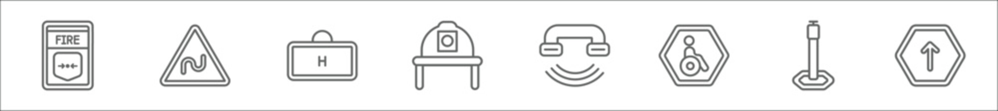 outline set of alert line icons. linear vector icons such as fire button, bend, medical support, firefighter helmet, call center, handicap, bollard, ahead