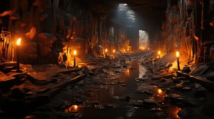 Fototapeta premium Abandoned Copper Mine Relic. Collapsed Timbered Underground Tunnel 