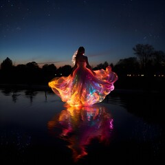 Midnight Melodies and Movement: A Young Girl Dances in a Graceful Dress by the Lake Caught in the Moonlight's Gentle Embrace in a Peaceful Night Scenery