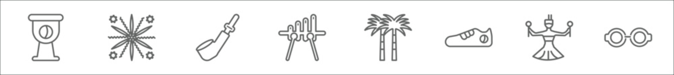 outline set of brazilia line icons. linear vector icons such as drum, fireworks, horn, xylophone, palm tree, shoes, dancer, sun glasses
