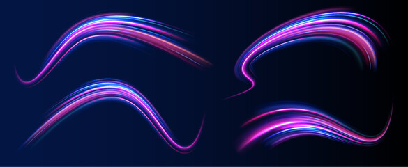 A set of light lines in the form of swirls and waves.  Illustration of high speed concept. Motion light effect for banners. The effect of speed on a blue background.	