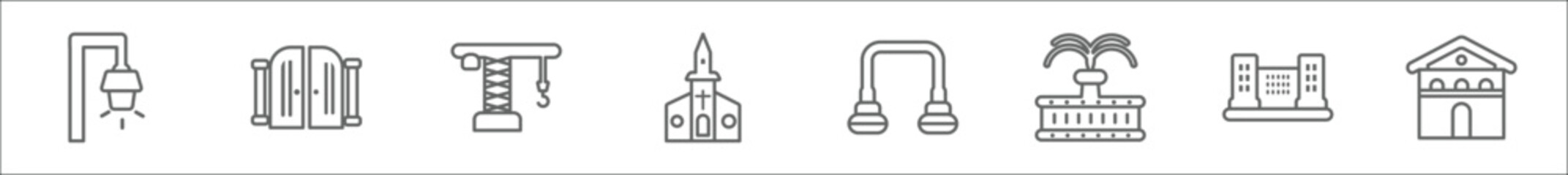 Fototapeta premium outline set of city elements line icons. linear vector icons such as street light, gate, tower crane, church, arch, fountain, government buildings, city hall