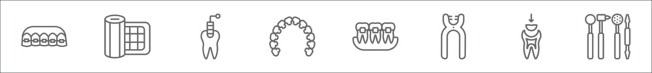 outline set of dentist line icons. linear vector icons such as brackets, gauze, tampon, lingual braces, dental brackets, forceps of dentist tools, dental filling, dentist tools