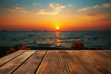 Fototapeta na wymiar Oceanic elegance An empty wooden table framed by a stunning, blurred sea sunset