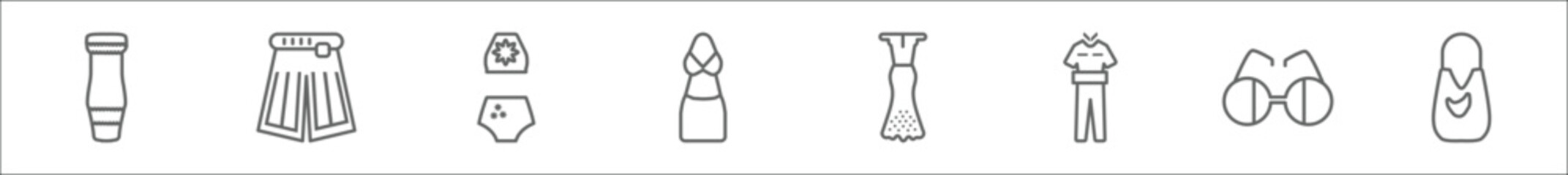 outline set of fashion line icons. linear vector icons such as strapless tube dress, hakama, female swimsuit, sexy feminine dress in black, cord lace, working coverall, shade, hobo shoulder bag