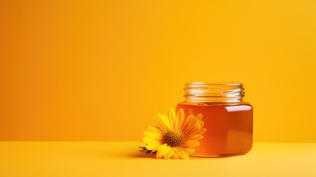 Glass jar full of sweet flower honey isolated on yellow background