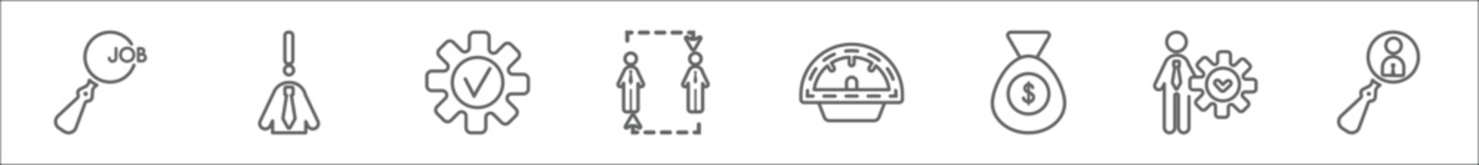 outline set of human resources line icons. linear vector icons such as job search, problems, approval, change personal, balanced scorecard, salary, emotional intelligence, candidates