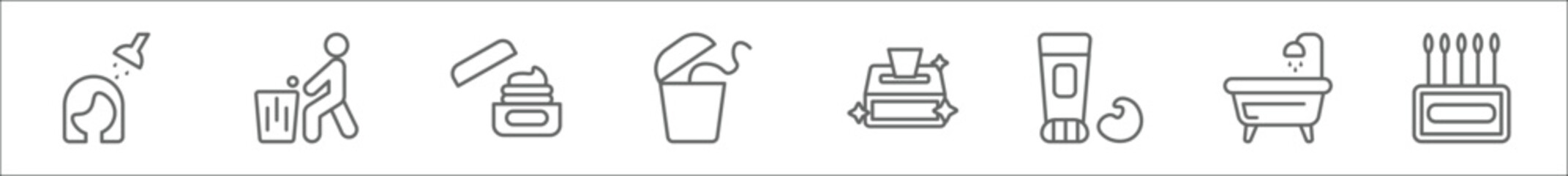 outline set of hygiene line icons. linear vector icons such as hair washing, throw, face cream, flossing, sanitary napkin, shaving gel, bathroom, ear buds