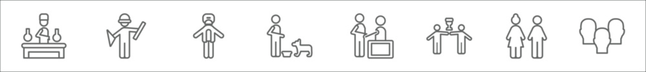 outline set of people line icons. linear vector icons such as chemist working, architech working, protective suit, feeding a dog, sculptor working, succes team, woman and man partners, heads