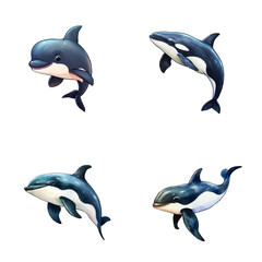set of happy cute orca watercolor illustrations for printing on baby clothes, pattern, sticker, postcards, print, fabric, and books