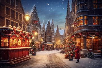 Christmas market in old town square at snowy evening. Fairy tale winter scene. - obrazy, fototapety, plakaty