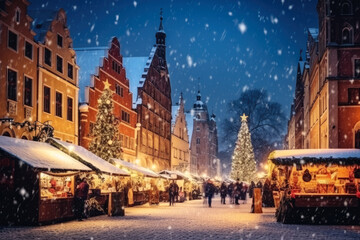 Christmas market in old town square at snowy evening. People next to Christmas tree. - obrazy, fototapety, plakaty
