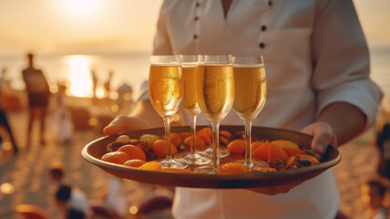 waiter beach summer cocktail glasses on a tray sun sparkling.