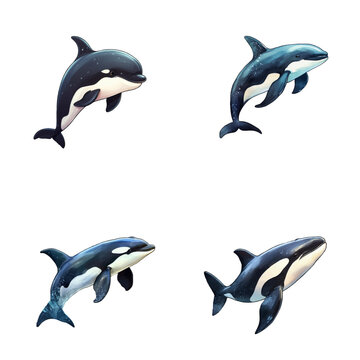 set of happy cute orca watercolor illustrations for printing on baby clothes, pattern, sticker, postcards, print, fabric, and books