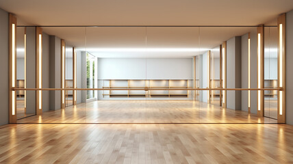 panoramic empty gym with windows for ballet classes.