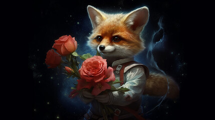 fox astronaut with a rose illustration for children