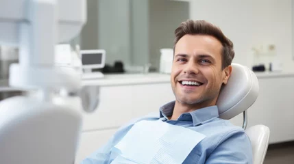 Fotobehang Perfect smile. Portrait of happy patient in dental chair. Man with a white smile © brillianata