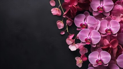  a bunch of pink orchids on a black background with space for text.  generative ai