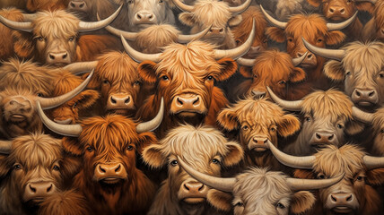 northern shaggy cows bulls texture background herd group of farm animals.