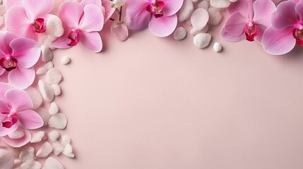 Fototapeta na wymiar pink orchids and white pebbles on a pink background with space for text. generative ai