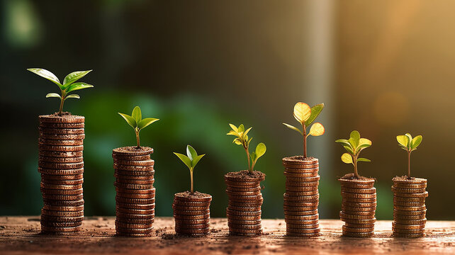 the concept of growth investment business green shoots on coins.