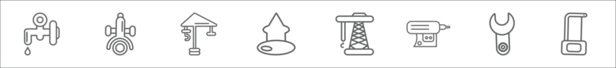 outline set of construction line icons. linear vector icons such as stopcock, angle grinder, progress, inclined, derrick facing right, nail gun, spanner, hacksaw