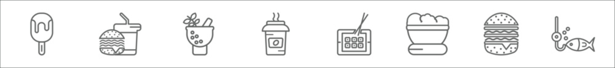 outline set of food line icons. linear vector icons such as ice lolly, hamburguer & drink, herb, coffe cup, sushi dish, fruit salad, give a burger, fishing line