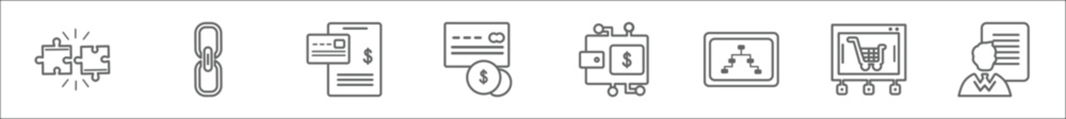outline set of general line icons. linear vector icons such as compatibility, chain, credit report, annual fee, digital economy, information architecture, ecommerce platform, agent script