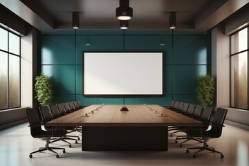 Professional conference chamber with a wall screen for presentations