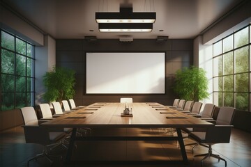 Professional conference chamber with a wall screen for presentations