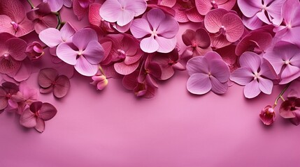  a bunch of pink flowers are on a pink background with space for text.  generative ai
